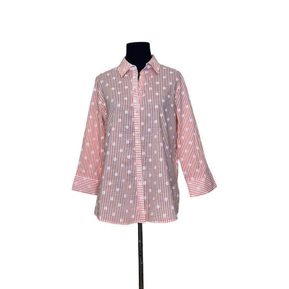 Foxcroft orange white striped polka dots 3/4 sleeves button shaped shirt size 8 - Picture 10 of 11